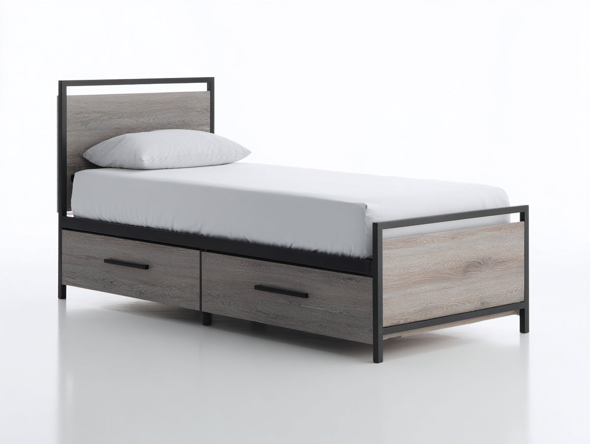 Einzelbett 210x100x115 cm aus Holzwerkstoff und Metall in Grau-Schwarz - 2 Schubladen und industrielles Design