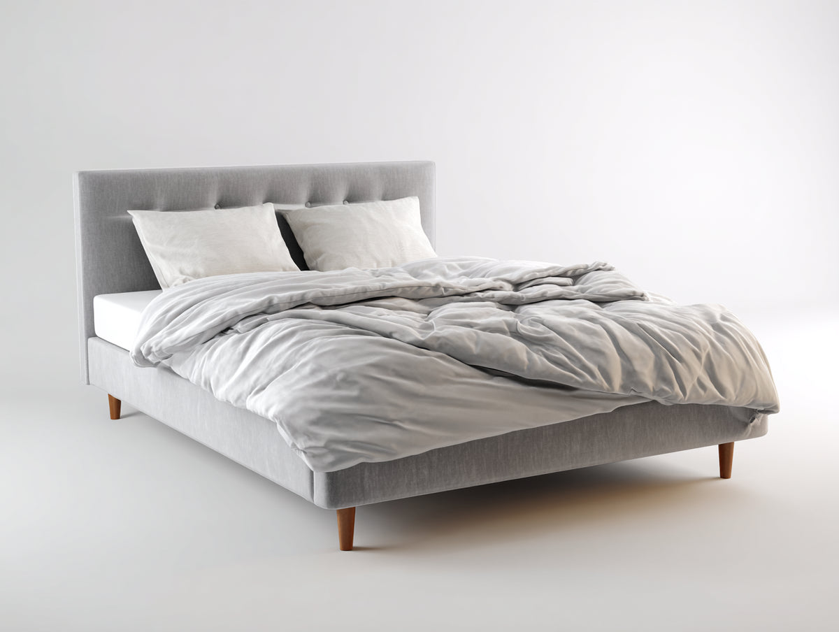 Doppelbett mit Stoffpolsterung 215x180x105 cm - Hellgrau - geradliniges Kopfteil mit Knopfdetails für Schlafzimmer
