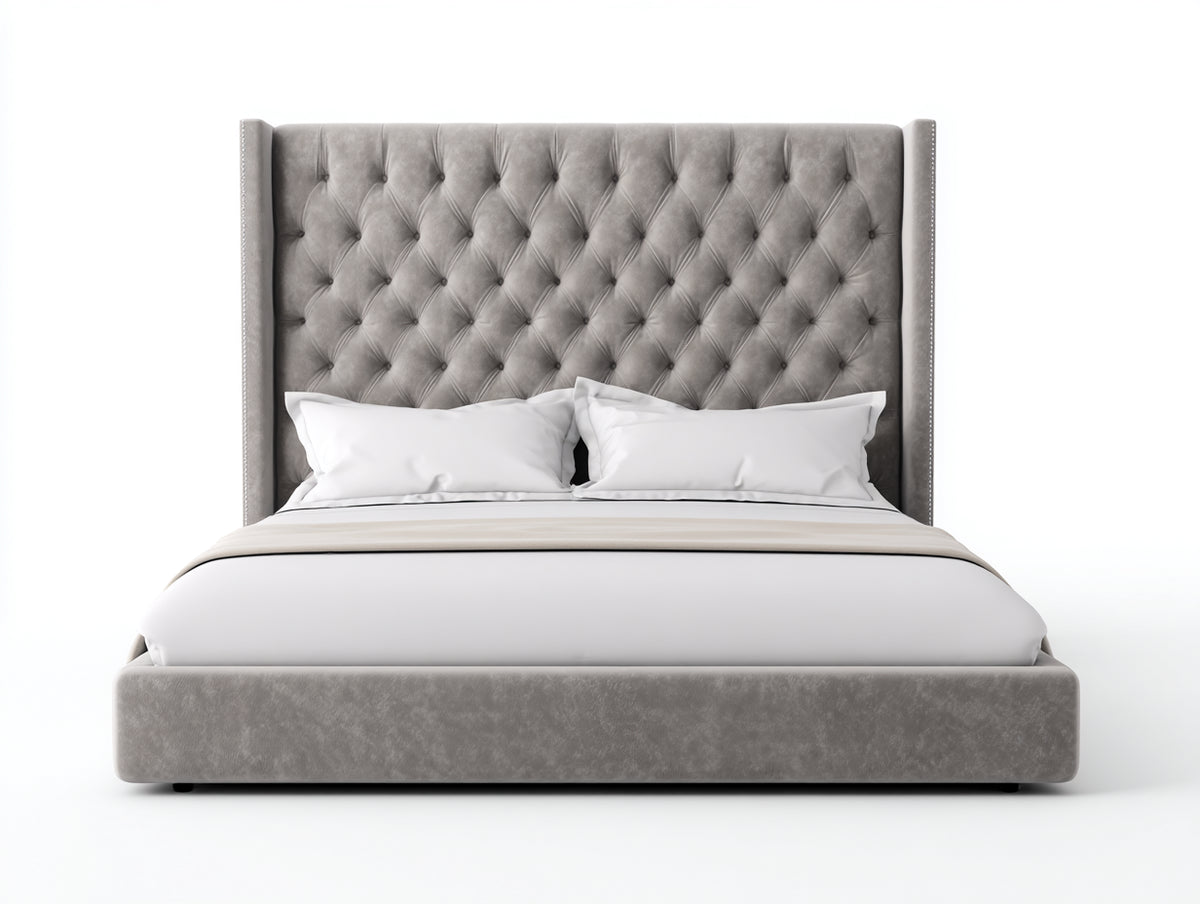 Doppelbett aus Samtstoff 220x190x150 cm - Grau - Gepolstertes Kopfteil im Chesterfield-Stil
