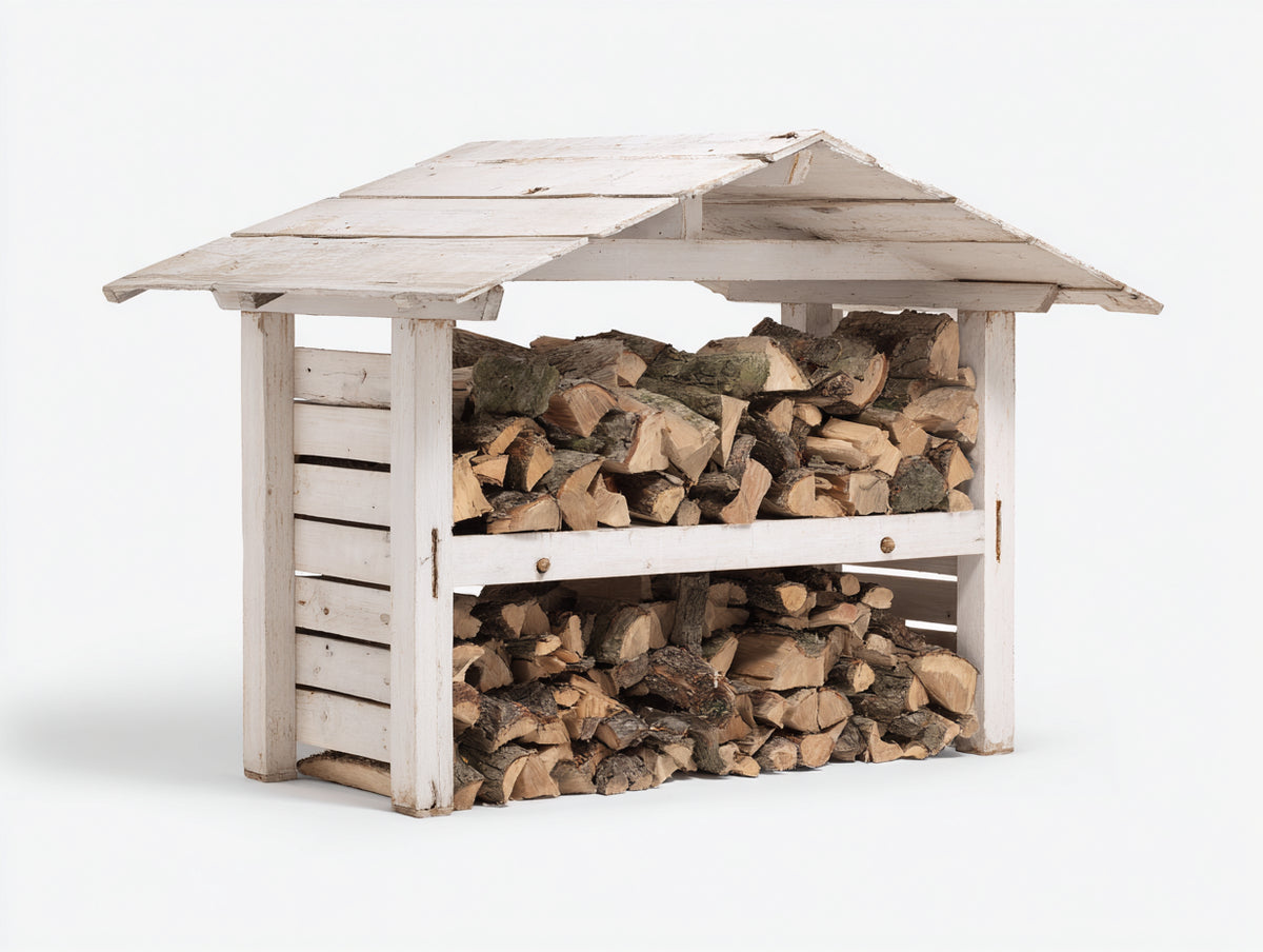 Kaminholzregal aus Massivholz 145x70x150 cm - Weiß - zweistufig mit Walmdach für Garten und Terrasse