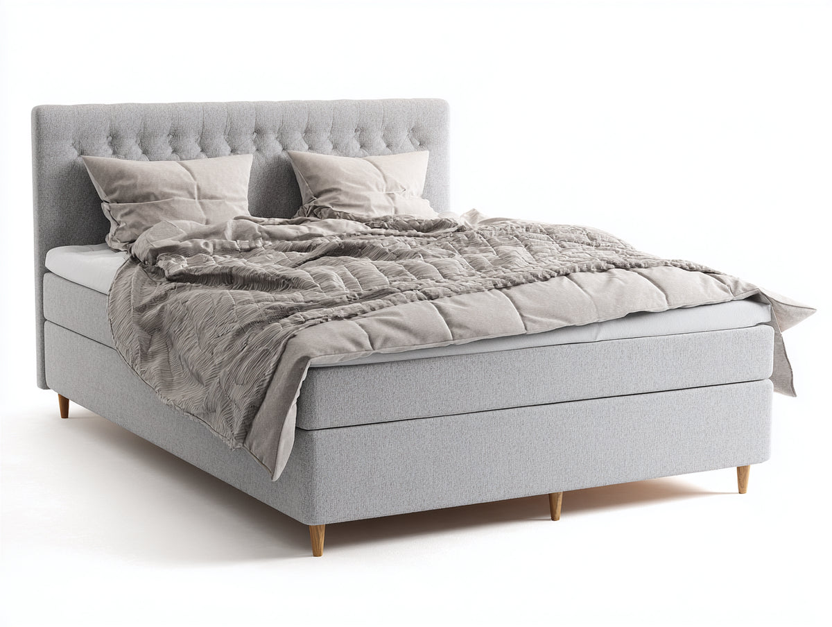 Doppelbett 210x180x120 cm mit Stoffbezug in Hellgrau - Gepolstertes Kopfteil mit Knopfheftung und Holzfüßen