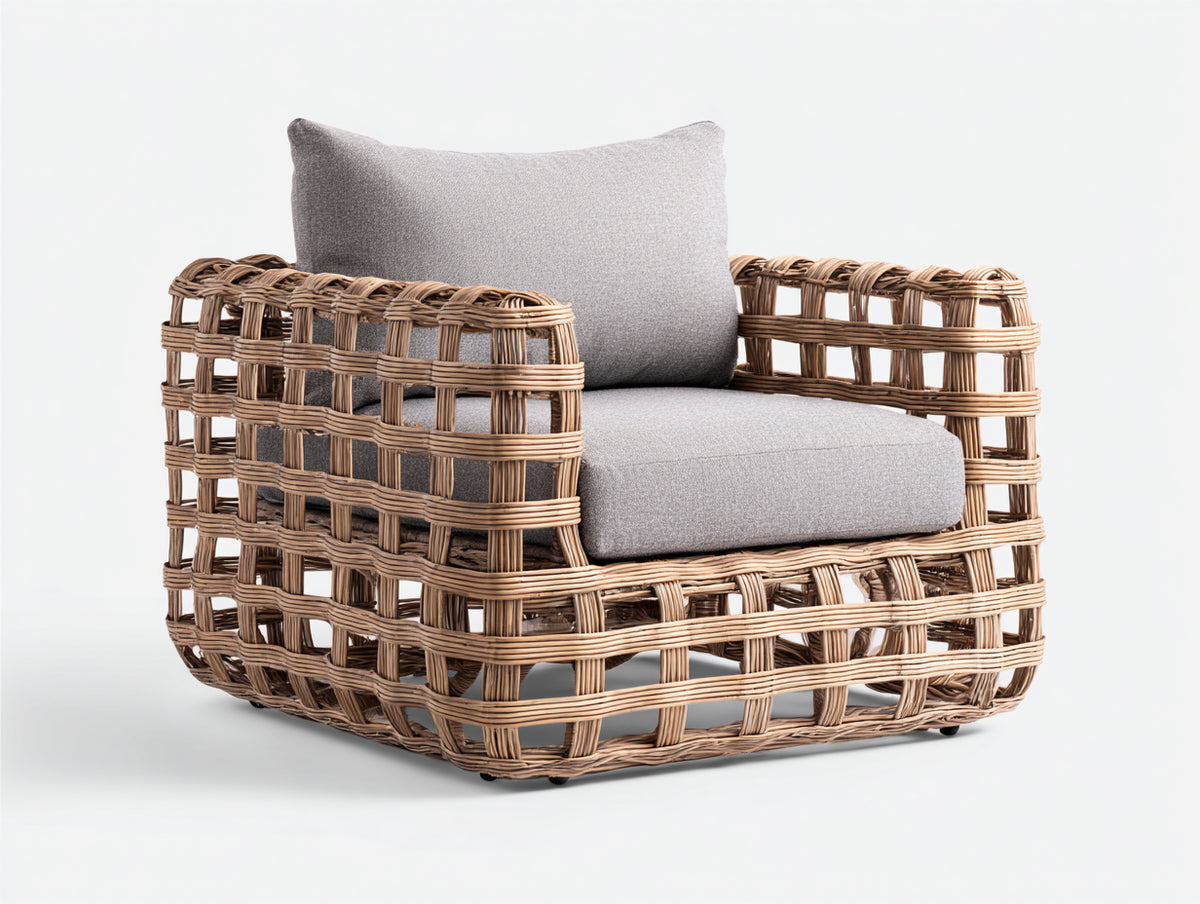 Polyrattan Gartensessel 95x90x82 cm - Beige-Graubraun - offenes Flechtdesign mit breiten Armlehnen für Garten und Terrasse