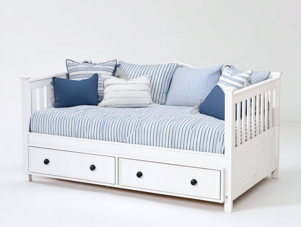 Schlafsofa aus Holz 205x100x95 cm - Weiß - mit 2 Schubladen und seitlicher Umrandung für Gästezimmer