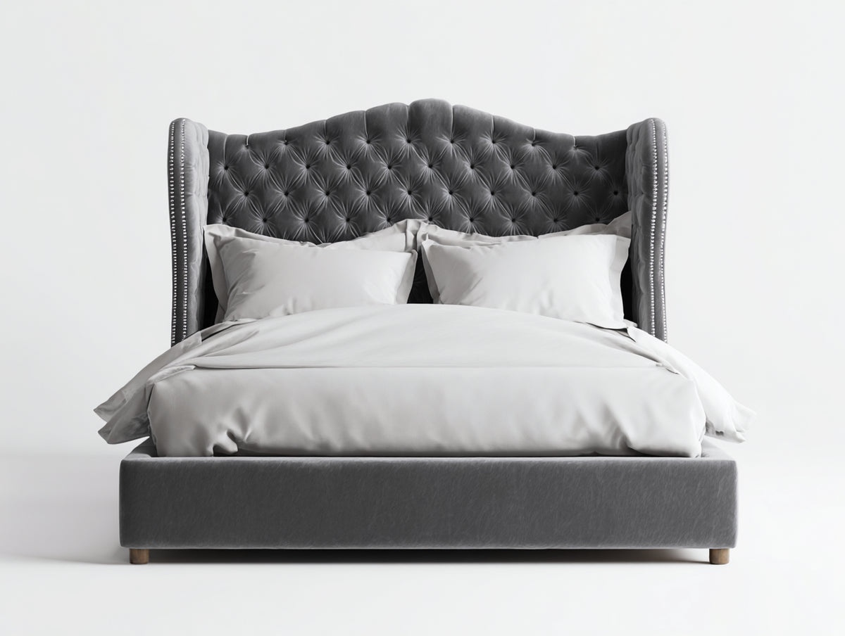 Doppelbett mit Samtpolsterung 220x180x145 cm - Grau - hohes Kopfteil mit Knopfheftung für Schlafzimmer