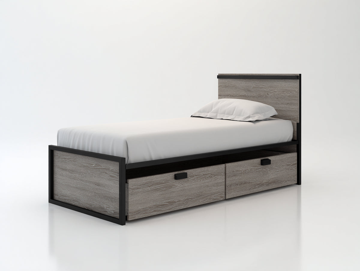 Einzelbett aus Holzwerkstoff und Metall 210x105x105 cm - Grau-Schwarz - Mit 2 Schubladen im Industrie-Stil