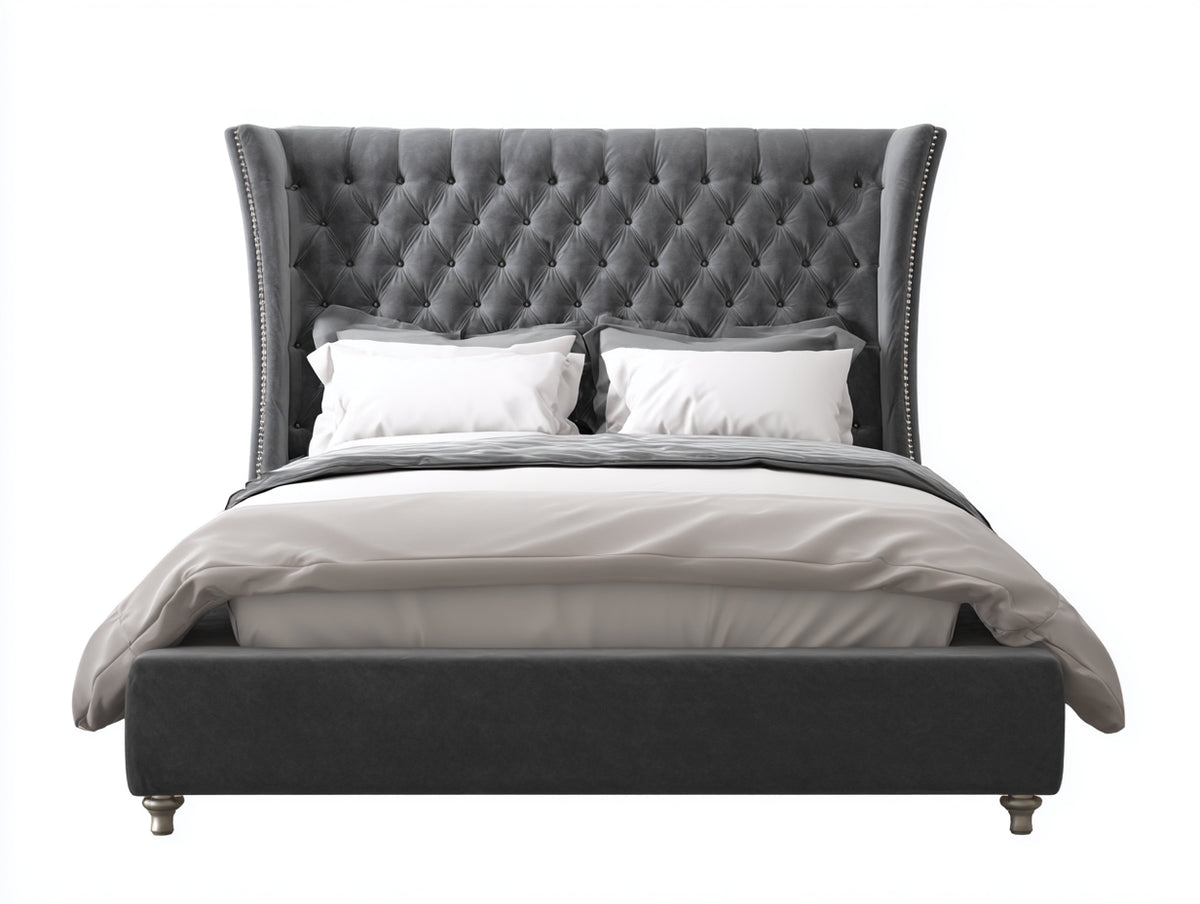 Doppelbett Polsterbett 200x180x120 cm - Samtbezug in Dunkelgrau - modernes Chesterfield Design
