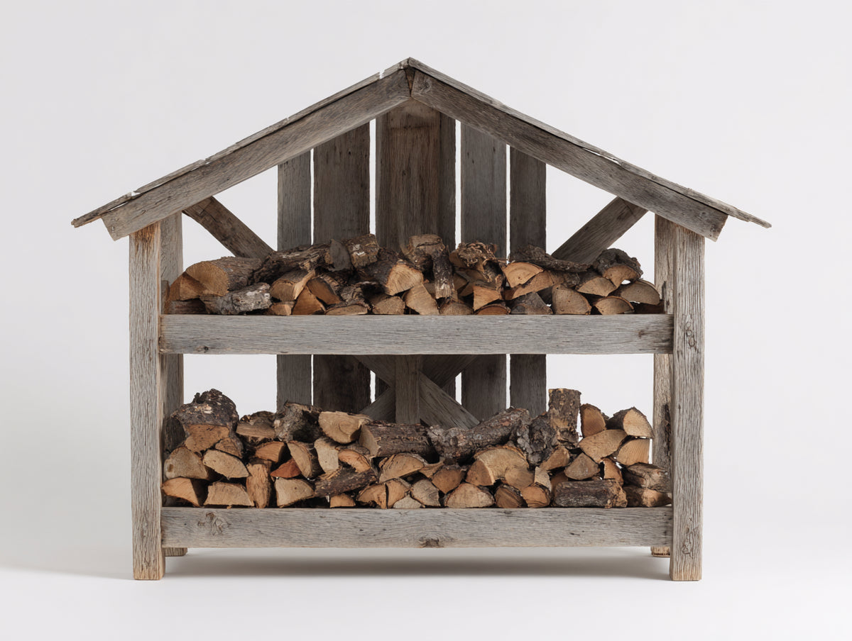 Kaminholzregal aus Massivholz 150x55x175 cm - Naturgrau - zweistufig mit Satteldach für Garten und Terrasse