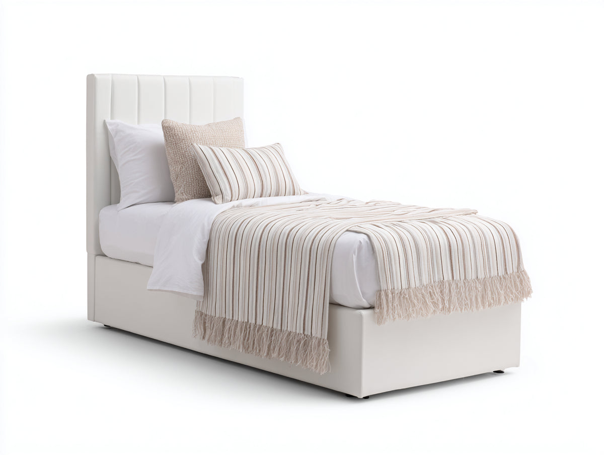Einzelbett mit Kunstlederpolsterung 210x105x120 cm - Cremeweiß - hohes Kopfteil mit vertikaler Steppung für Schlafzimmer