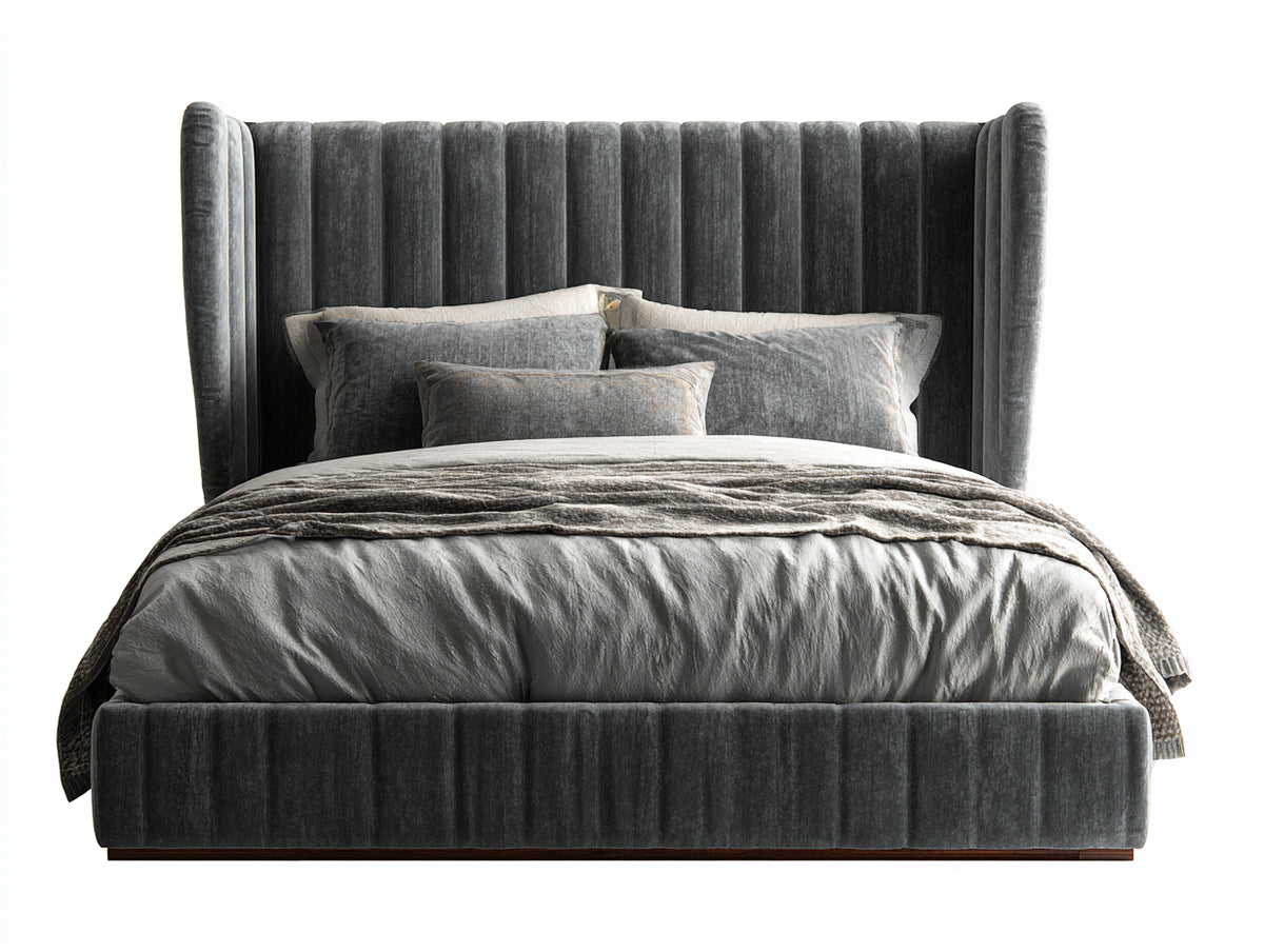 Doppelbett aus Samtstoff 220x190x160 cm - Dunkelgrau - Hohes gepolstertes Flügelkopfteil