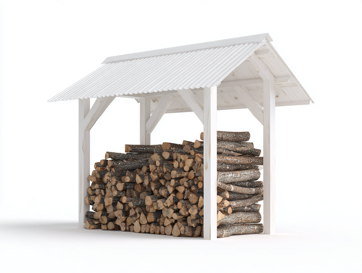 Kaminholzregal aus Massivholz 180x100x190 cm - Weiß - offene Konstruktion mit Satteldach für Garten und Terrasse