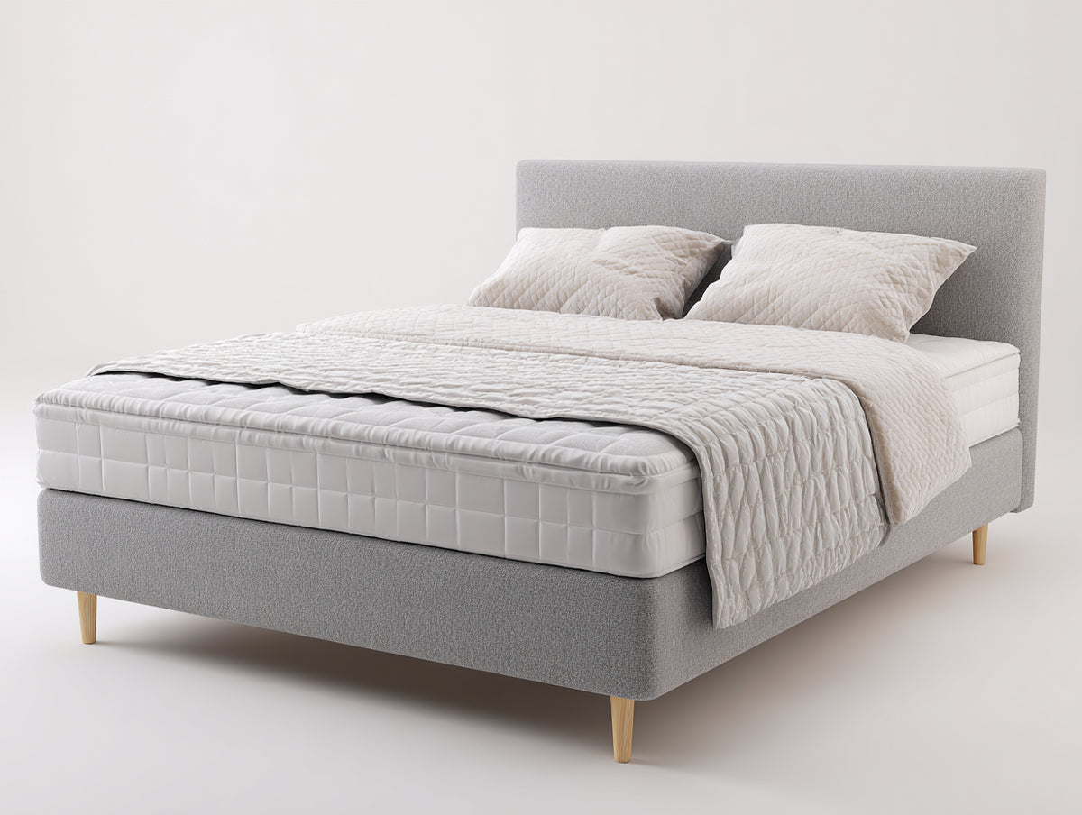 Doppelbett aus Webstoff 210x180x115 cm - Hellgrau - Gepolstertes Kopfteil und erhöhte Holzfüße