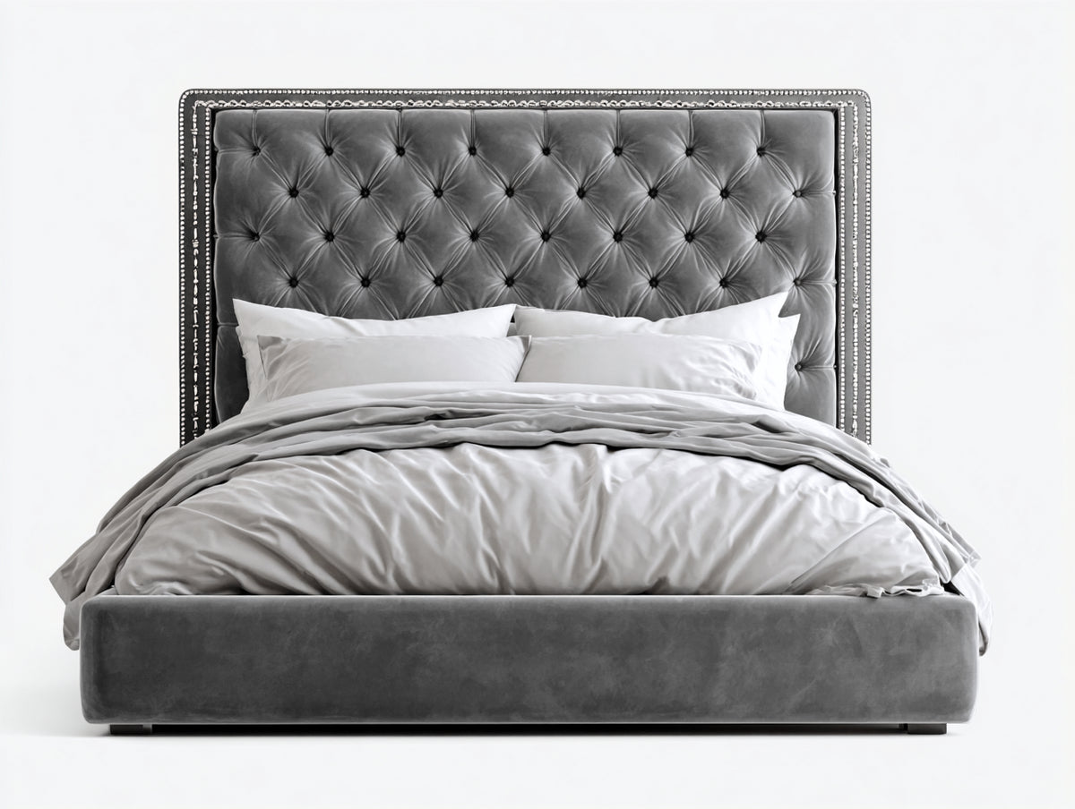 Doppelbett Polsterbett Samtoptik 220x200x145 cm Grau - Chesterfield Kopfteil mit Ziernägeln