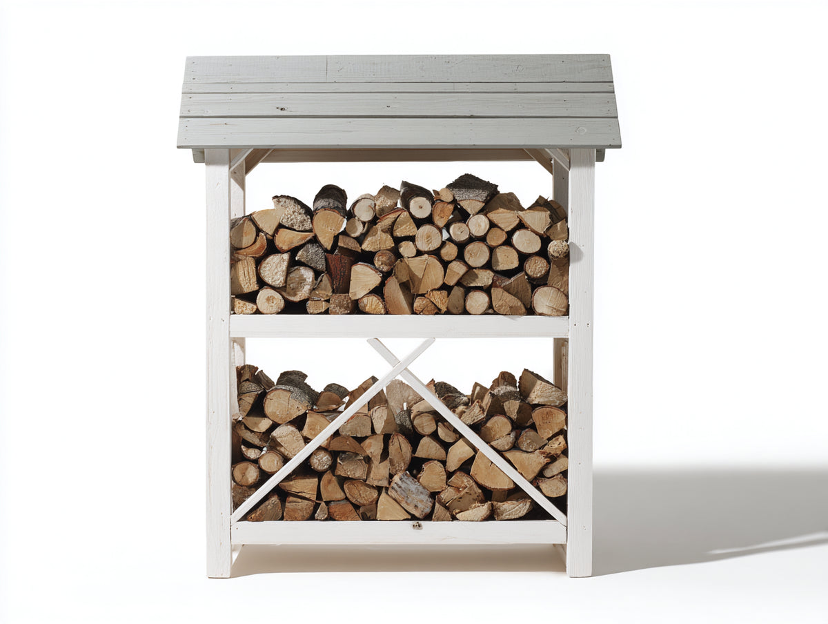 Kaminholzregal aus Massivholz 120x55x165 cm - Weiß - Zweistufig mit Schutzdach im Landhausstil