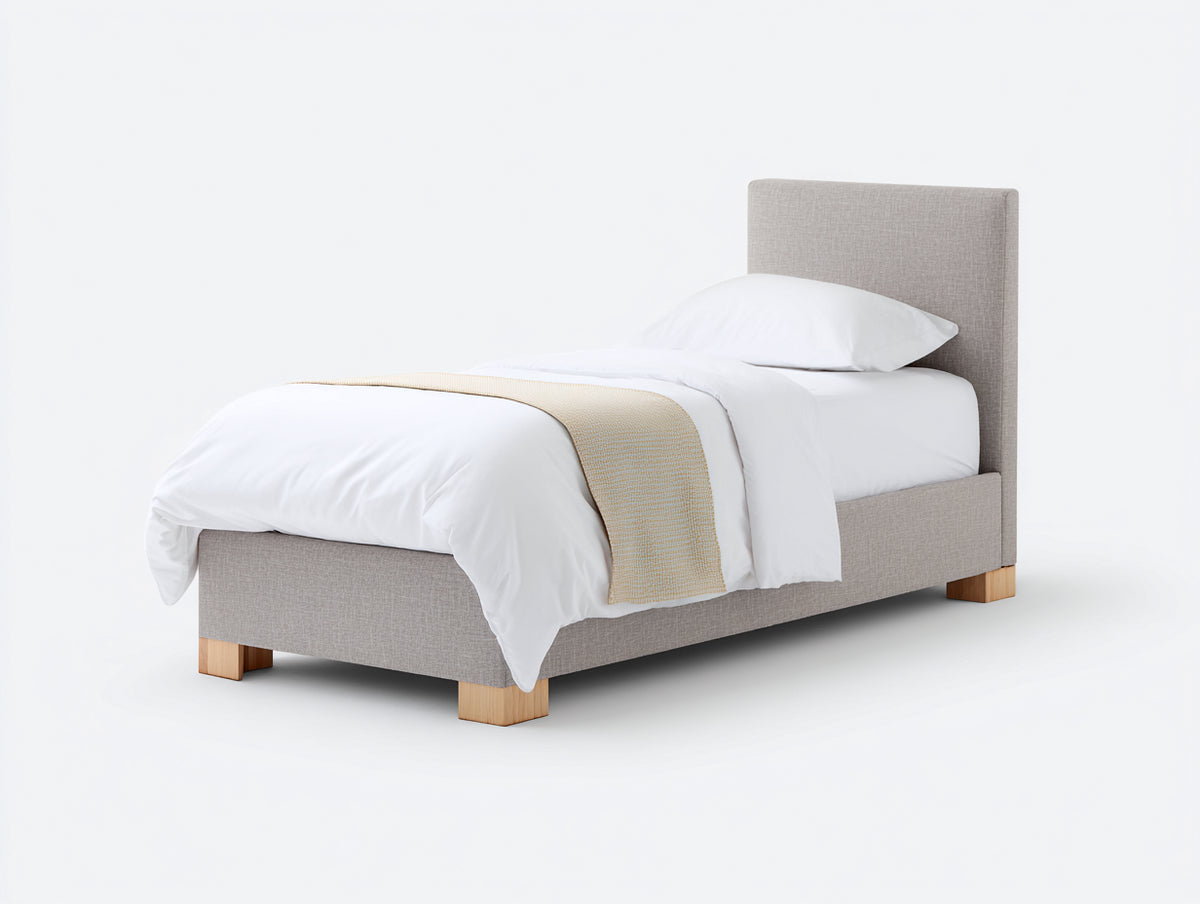 Einzelbett 205x100x105 cm mit Stoffbezug in Graubeige - Gepolstertes Kopfteil und Holzfüße im modernen Design