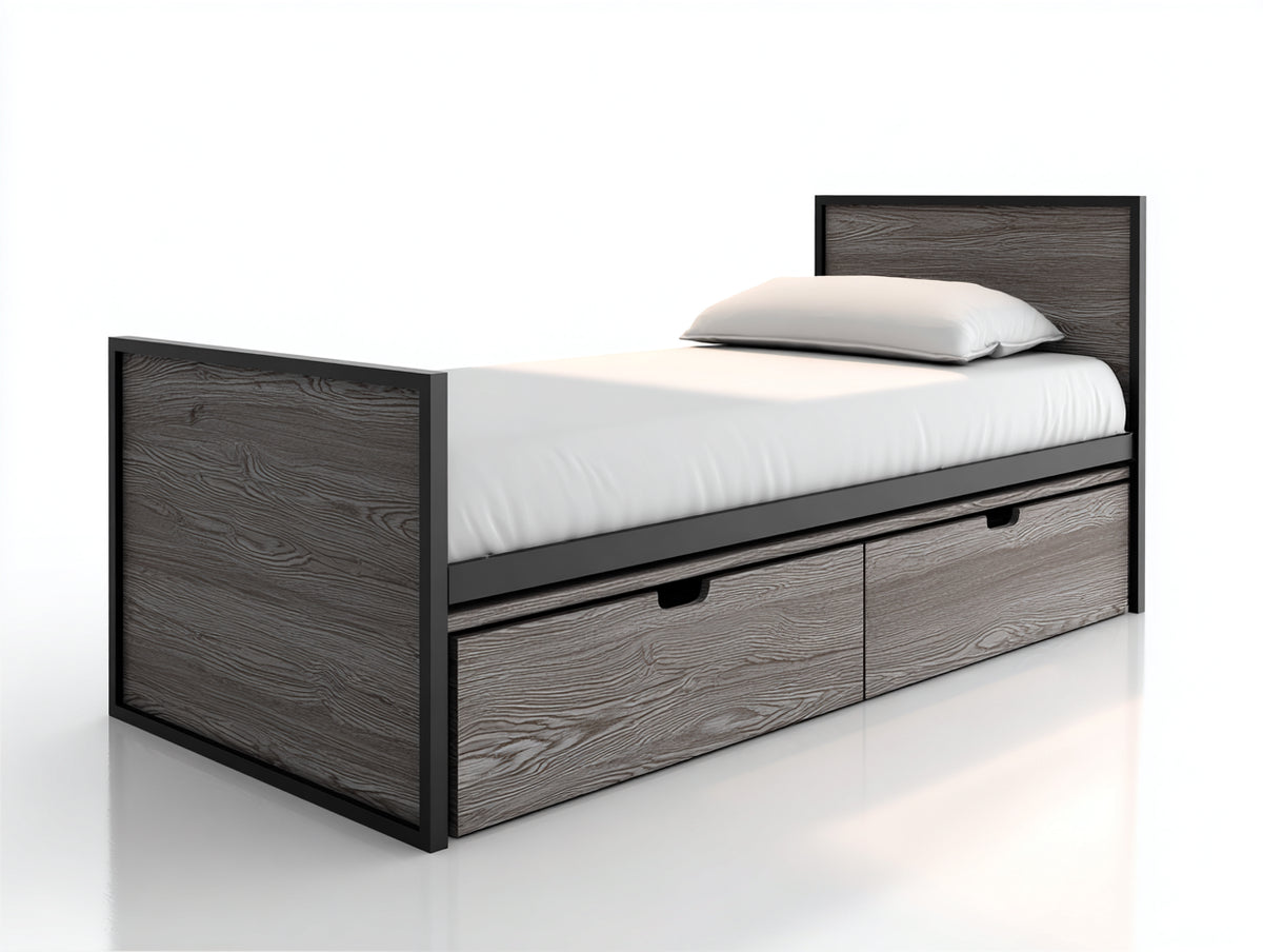 Einzelbett aus Holzwerkstoff und Metall 210x100x105 cm - Grau-Schwarz - mit 2 Schubladen für Schlafzimmer und Jugendzimmer