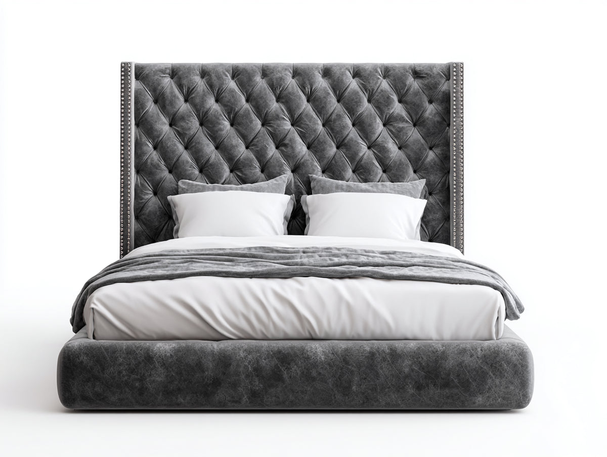Doppelbett 220x190x150 cm mit Veloursbezug in Dunkelgrau - Hohes Kopfteil mit Knopfheftung und Ziernägeln